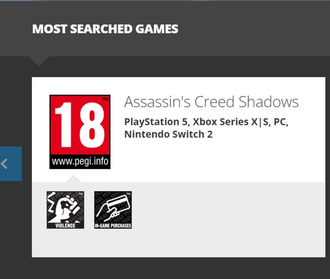 Classement PEGI d'Assassin's Creed Shadows (Source de l'image : capture d'écran, PEGI)
