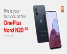 Des rendus du OnePlus Nord N20 5G ont fuité avec un design plat. (Image source : 91mobiles et OnLeaks)