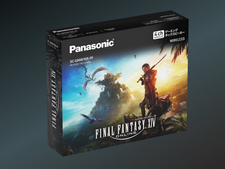 Le haut-parleur tour de cou Panasonic SC-GNW10S-FF est présenté dans un emballage Final Fantasy personnalisé. (Source de l'image : Panasonic)