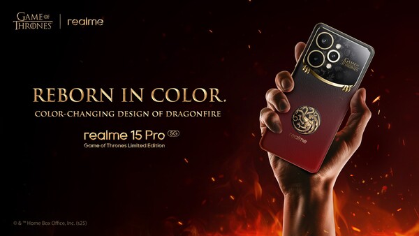 Le Realme 15 Pro Game of Thrones Limited Edition passe du noir au rouge lorsque la température augmente. (Source de l'image : Realme)