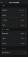Capture d'écran de la page Paramètres alimentaires de l'application Zepp. (Source de l'image : Zepp App)