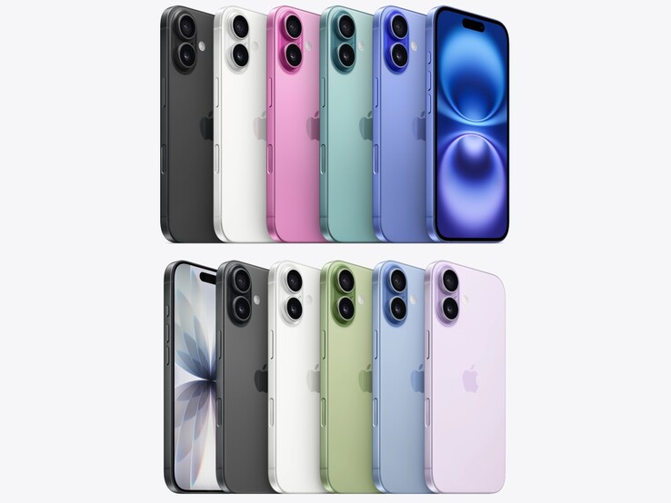 coloris de l'iPhone 16 (en haut) et de l'iPhone 17 (en bas). (Source de l'image : Apple, édité)