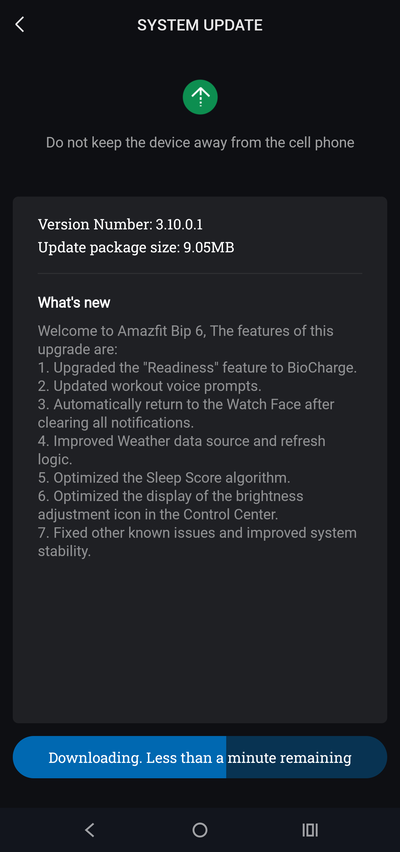 Les notes de mise à jour de la version 3.10.0.1 du firmware du Amazfit Bip 6