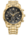 Chronographe Citizen Classic Eco-Drive doté d’un cadran noir, d’un boîtier et d’un bracelet en acier inoxydable de 44 mm de couleur dorée, d’une lunette fixe graduée en 60 minutes, de trois sous-cadrans et d’un guichet de date.