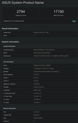 Intel Core i5-14600KF scores Geekbench (image via Geekbench)