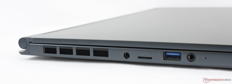 A gauche : adaptateur secteur, lecteur MicroSD, USB-A 3.2 Gen. 1, 3,5 mm combo audio