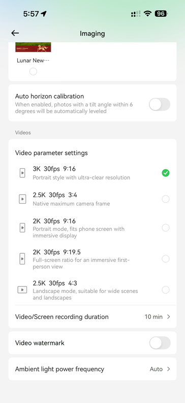 Paramètres vidéo dans l'application Hi Rokid