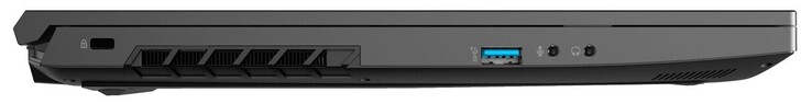 Côté gauche : Serrure Kensington, 1x USB 3.2 Gen2 Type-A, 1x microphone 3,5 mm, 1x casque 3,5 mm