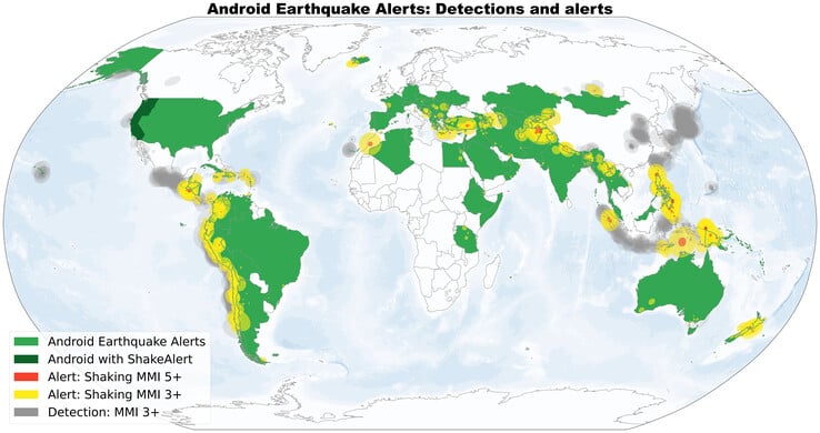 Carte des pays où le système d'alerte sismique Android fonctionne actuellement. (Source de l'image : Science/Google)