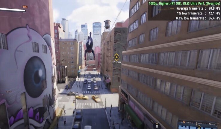 Paramètres maximum, RT off, DLSS 4 "Ultra Performance" : 90 FPS avec la RTX 4060. (Source de l'image : RandomGamingHD)