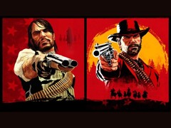 John Marston et Arthur Morgan de Red Dead Redemption pointant leurs armes vers le spectateur sur fond rouge et jaune (Source : Rockstar Games)