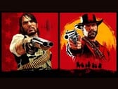 John Marston et Arthur Morgan de Red Dead Redemption pointant leurs armes vers le spectateur sur fond rouge et jaune (Source : Rockstar Games)