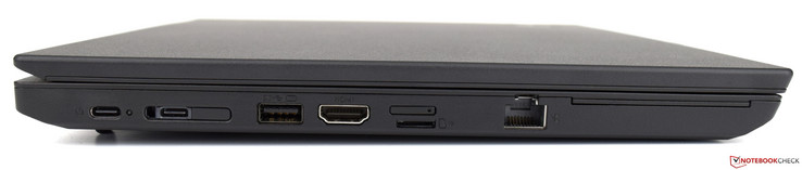Côté gauche : 2 USB C 3.1 Gen 1, Docking-Port, USB 3.0 Gen 1, HDMI 1.4b, nano-SIM, lecteur de carte micro SD, Ethernet.