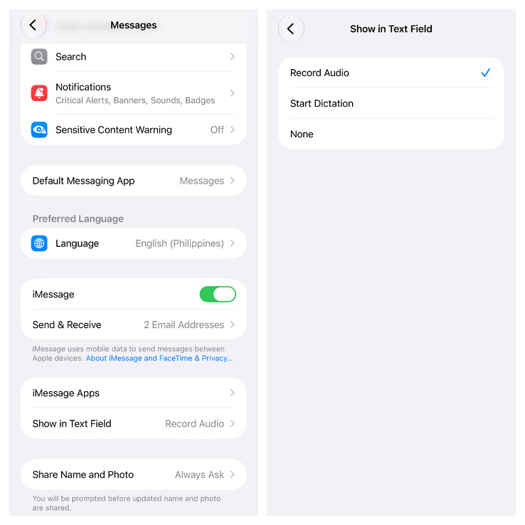 Le nouveau bouton « Afficher dans le champ de texte » dans Apple Messages permet de masquer le bouton de dictée.
