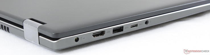 Côté gauche : entrée secteur, HDMI, USB 3.0, USB C 3.0, combo audio 3,5 mm.