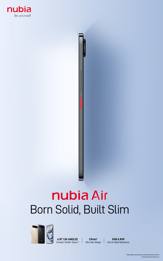 La photo promotionnelle qui a fait l'objet d'une fuite affirme que le Nubia Air ne mesure que 5,9 mm d'épaisseur, avec une mise en garde importante dans la note de bas de page.