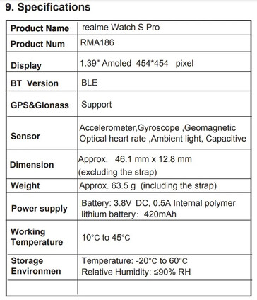 Diverses images et spécifications de la nouvelle certification du Watch S Pro. (Source : FCC via MySmartPrice)