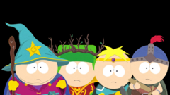 Les garçons se préparent au combat dans South Park : Le Bâton de la Vérité, chacun endossant son rôle imaginaire - sorcier, druide, paladin et guerrier (Source de l&#039;image : via South Park Wiki / Fandom, téléchargée par Gastropod - © Ubisoft / South Park Digital Studios)