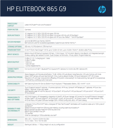 Spécifications du HP Elitebook 645 G9. (Image source : HP)