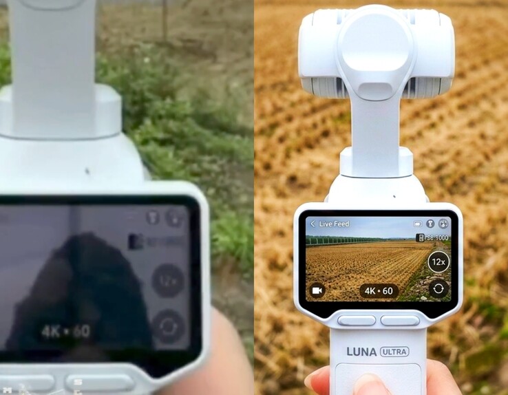 Fuite (à gauche) et images en direct éditées par l'IA (à droite) de l'Insta360 Luna Ultra, qui confirme le zoom 12x.