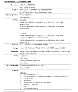 Asus ROG Strix Scar 17 - Spécifications. (Source de l'image : Asus)