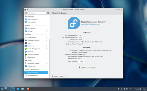 Le bureau KDE Plasma de Fedora 39 Asahi Remix (Image : Asahi Blog).