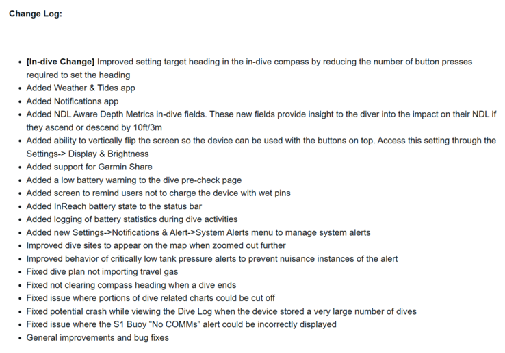 Le journal des modifications du logiciel système 4.05 pour le Garmin Descent X50i. (Source de l'image : Garmin)