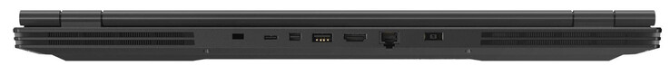A l'arrière : verrou de sécurité, USB C 3.2 Gen 1, Mini Displayport 1.4, USB A 3.2 Gen 1, HDMI 2.0, Ethernet gigabit, entrée secteur.
