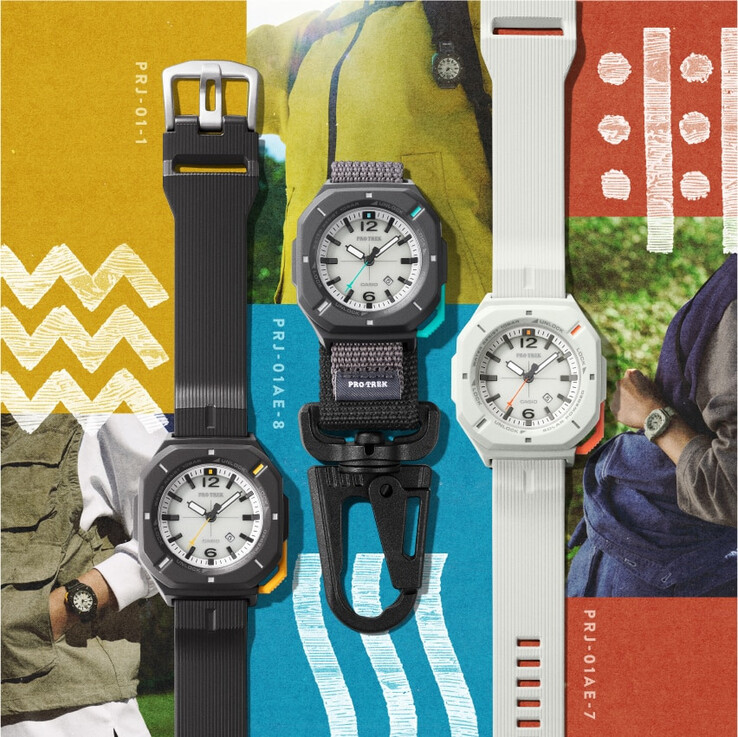 La Casio Pro Trek PRJ-01-1J, ainsi que les modèles PRJ-01AE-8J et PRJ-01AE-7J (de gauche à droite)