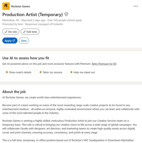 LinkedIn L'annonce d'emploi de Rockstar Games pour un artiste de production est affichée