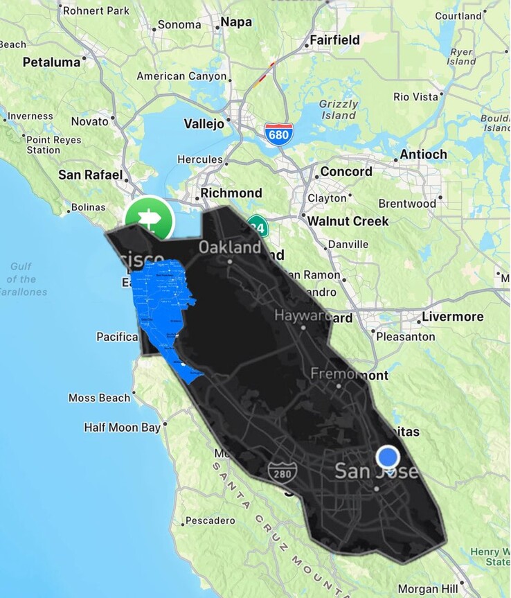 Carte de la région de la baie de Tesla Robotaxi vs Waymo. (Source de l'image : Joe Tegtmeyer/X)