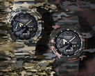 De gauche à droite : Casio G-Shock GA-2100CM-5A et GA-2100CM-8A sur fond camouflage.