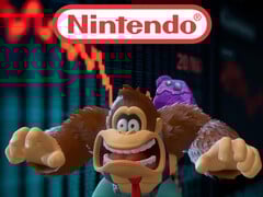 Donkey Kong devant le téléscripteur de l'action Nintendo en train de tomber (Source de l'image : Nintendo of America avec modifications)