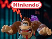 Donkey Kong devant le téléscripteur de l'action Nintendo en train de tomber (Source de l'image : Nintendo of America avec modifications)