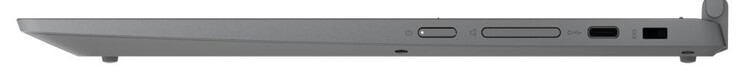 Côté droit : bouton d'alimentation, bascule de volume, un port USB 3.2 Gen 1 Type-C (DisplayPort, Power Delivery), fente de sécurité Kensington