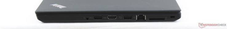 Côté droit : combo audio 3,5 mm, 2 USB 3.0, HDMI 1.4, Ethernet Gigabit, lecteur de carte SD, verrou Kensington.