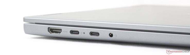 À gauche : HDMI 1.4a, 2x USB-C 3.2 Gen. 2 avec Power Delivery 3.0 + DisplayPort 1.4 (10 Gbps), casque d'écoute 3,5 mm