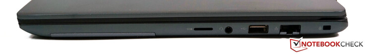 A droite : microSD, prise audio de 3,5 mm, USB-A 3.1 Gen 1, RJ45, fente pour le verrouillage du câble