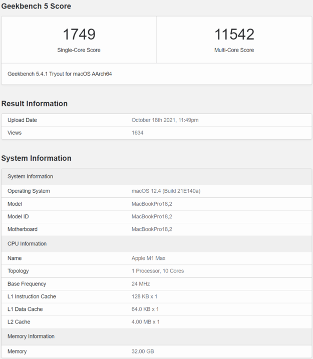 Avec un score de 11542 points, le Apple M1 Max a traversé le benchmark multi-core (Source : Geekbench)