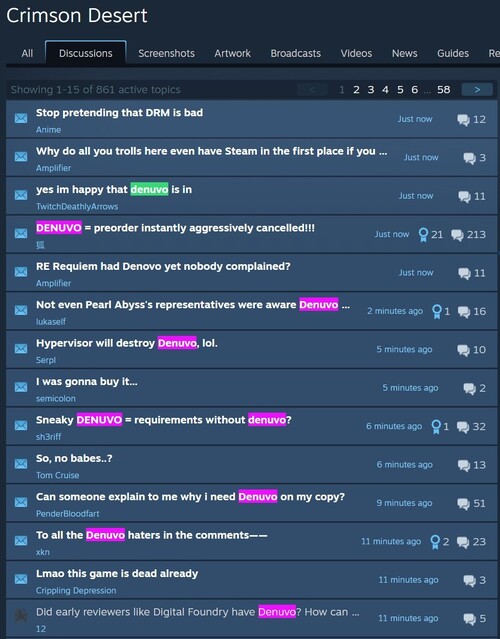 Crimson Desert Denuvo plaintes dans le forum Steam montré