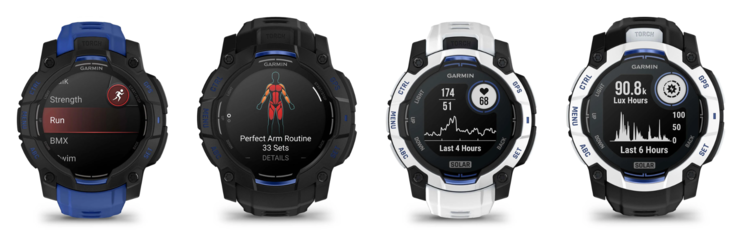 De gauche à droite : les montres Garmin Instinct 3 45 mm AMOLED, 50 mm AMOLED, 45 mm Solar et 50 mm Solar Supernova Collection. (Source de l'image : Garmin, édité)