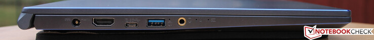 Côté droit : entrée secteur, HDMI, USB C 3.1 Gen 2, USB A 3.1 Gen 1, jack 3,5 mm écouteurs et micro.