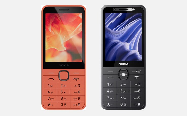 Le Nokia 215 (2026), situé à droite sur la photo, se distingue du Nokia 215 4G (2024), situé à gauche, principalement par la présence du bouton IA.