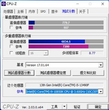 Benchmark CPU-Z du Core i5-13490F. (Source : wxnod sur Twitter)