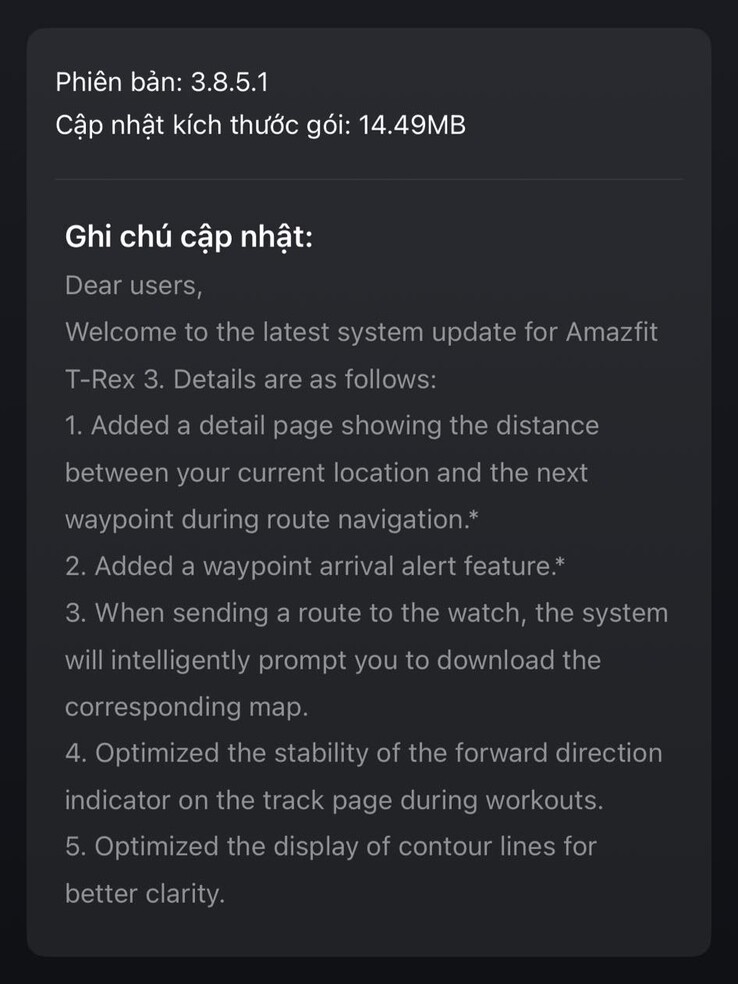 Les notes de mise à jour de la version 3.8.5.1 du logiciel de la smartwatch Amazfit T-Rex 3. (Source de l'image : Lương Nguyên Long via Facebook)