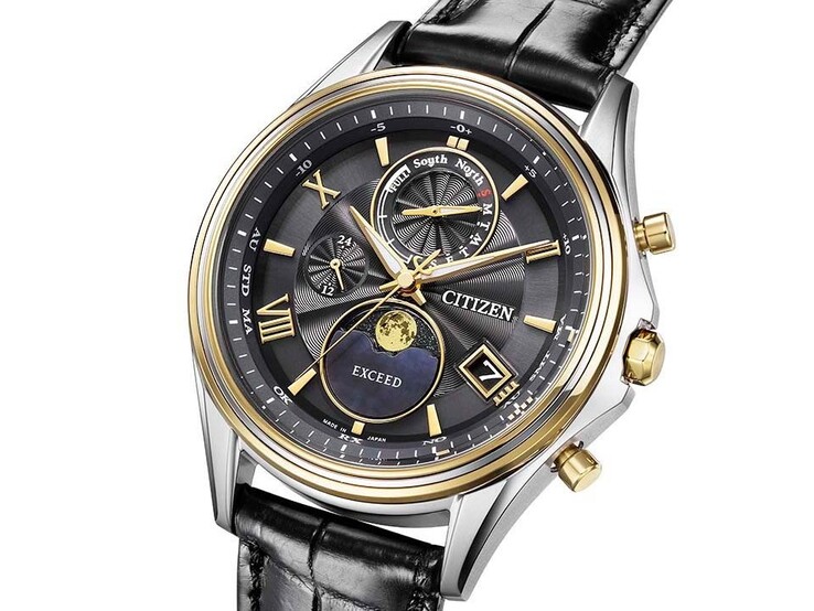 Vue de face de la Citizen Exceed « Mid-Autumn Moon » Édition limitée BY1025-17E, présentant son cadran en nacre noire, son affichage analogique des phases de lune à 6 heures, ses aiguilles et index jaune ambré, ainsi que son bracelet en cuir de crocodile noir.