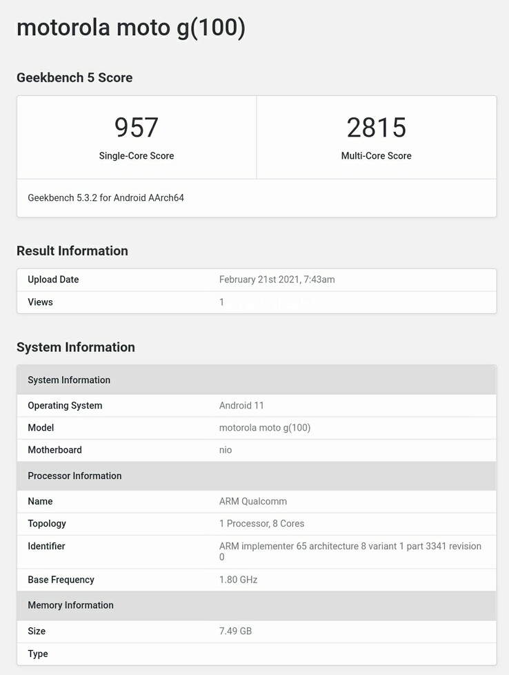 Moto G100 sur Geekbench (image via Abhishek Yadav sur Twitter)