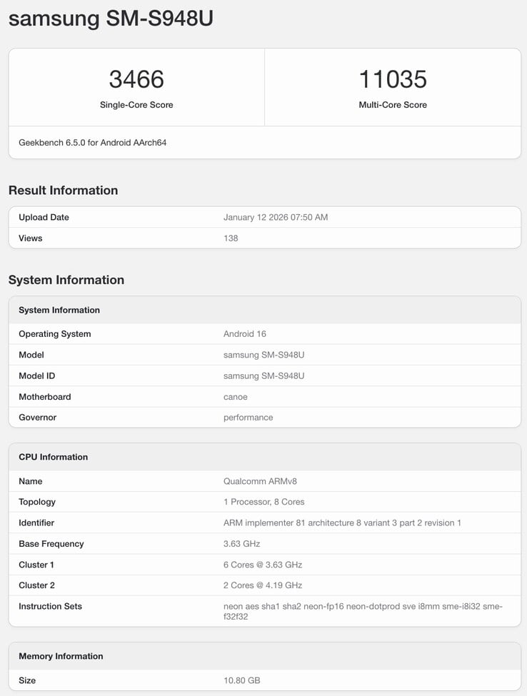 Liste Geekbench du Galaxy S26 Ultra. (Source de l'image : Geekbench)