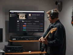 Un guitariste joue devant un écran affichant l’application StemKit