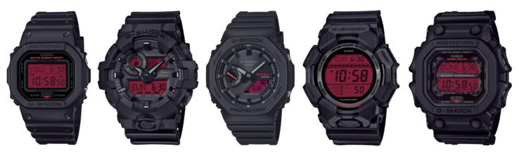 De gauche à droite : DW-5600BBR-1, GA-700BBR-1A, GA-B2100BBR-1A, GD-010BBR-1 et GX-56BBR-1. (Source de l'image : Casio)